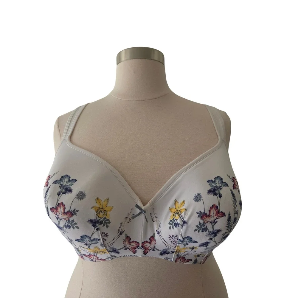 Cacique Lightly Lined Balconette Bra 48C White Floral Wire Removed Adjustable